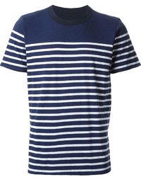 T-shirt à col rond à rayures horizontales bleu marine et blanc Sacai