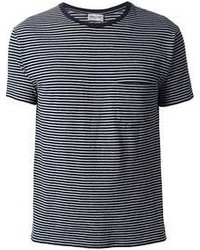 T-shirt à col rond à rayures horizontales bleu marine et blanc Saint Laurent