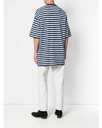 T-shirt à col rond à rayures horizontales bleu marine et blanc Undercover