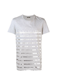 T-shirt à col rond à rayures horizontales gris Balmain