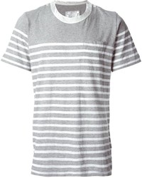 T-shirt à col rond à rayures horizontales gris Sacai