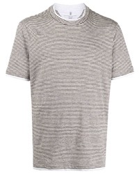 T-shirt à col rond à rayures horizontales marron Brunello Cucinelli