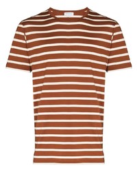 T-shirt à col rond à rayures horizontales marron Sunspel