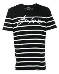 T-shirt à col rond à rayures horizontales noir et blanc Balmain