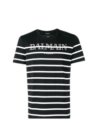 T-shirt à col rond à rayures horizontales noir et blanc Balmain