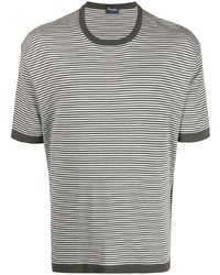 T-shirt à col rond à rayures horizontales olive Drumohr