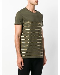 T-shirt à col rond à rayures horizontales olive Balmain