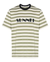 T-shirt à col rond à rayures horizontales olive Sunnei