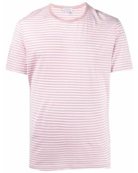 T-shirt à col rond à rayures horizontales rose Sunspel