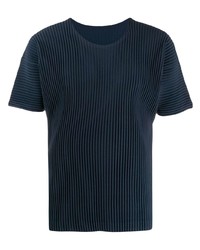 T-shirt à col rond à rayures verticales bleu marine Homme Plissé Issey Miyake