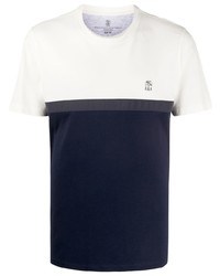 T-shirt à col rond blanc et bleu marine Brunello Cucinelli