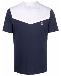 T-shirt à col rond bleu marine et blanc Brunello Cucinelli