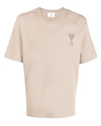 T-shirt à col rond brodé beige Ami Paris