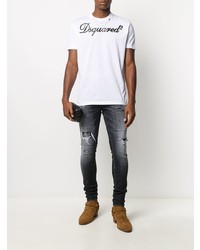 T-shirt à col rond brodé blanc et noir DSQUARED2