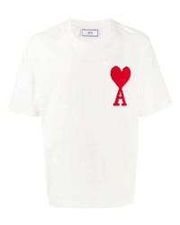 T-shirt à col rond brodé blanc et rouge Ami Paris