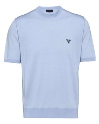 T-shirt à col rond brodé bleu clair Prada