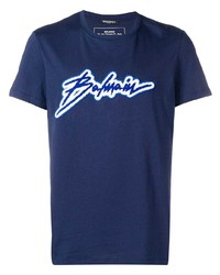 T-shirt à col rond brodé bleu marine Balmain