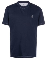T-shirt à col rond brodé bleu marine Brunello Cucinelli