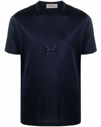 T-shirt à col rond brodé bleu marine Corneliani