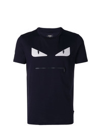 T-shirt à col rond brodé bleu marine Fendi
