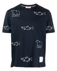 T-shirt à col rond brodé bleu marine Thom Browne