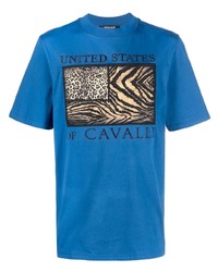 T-shirt à col rond brodé bleu Roberto Cavalli