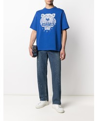 T-shirt à col rond brodé bleu Kenzo