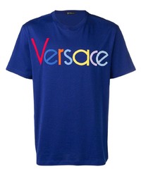 T-shirt à col rond brodé bleu Versace