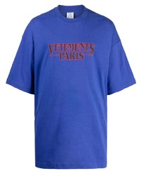 T-shirt à col rond brodé bleu Vetements