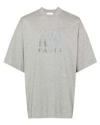 T-shirt à col rond brodé gris Ami Paris