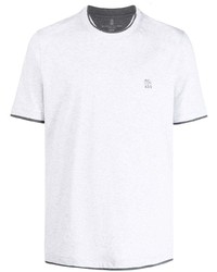 T-shirt à col rond brodé gris Brunello Cucinelli