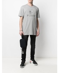 T-shirt à col rond brodé gris Philipp Plein