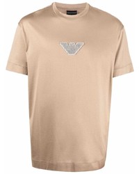 T-shirt à col rond brodé marron clair Emporio Armani