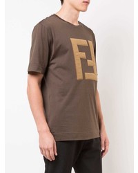 T-shirt à col rond brodé marron Fendi