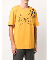 T-shirt à col rond brodé moutarde Fendi