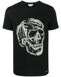 T-shirt à col rond brodé noir et blanc Alexander McQueen