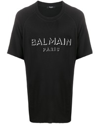 T-shirt à col rond brodé noir et blanc Balmain