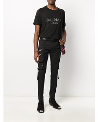 T-shirt à col rond brodé noir et blanc Balmain