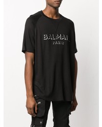 T-shirt à col rond brodé noir et blanc Balmain