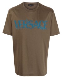 T-shirt à col rond brodé olive Versace