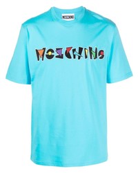 T-shirt à col rond brodé turquoise Moschino