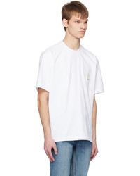 T-shirt à col rond en cuir brodé blanc Solid Homme