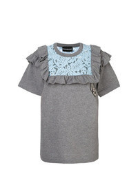 T-shirt à col rond en dentelle à volants gris