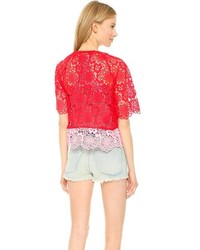 T-shirt à col rond en dentelle rouge Cynthia Rowley