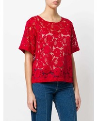 T-shirt à col rond en dentelle rouge Miahatami