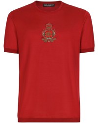 T-shirt à col rond en soie brodé rouge