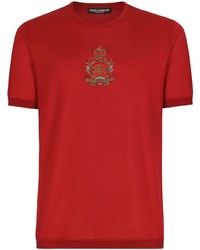 T-shirt à col rond en soie brodé rouge Dolce & Gabbana