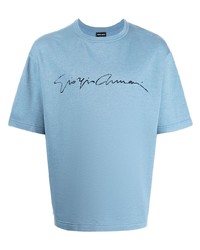 T-shirt à col rond en soie imprimé bleu clair Giorgio Armani