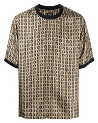 T-shirt à col rond en soie imprimé marron clair
