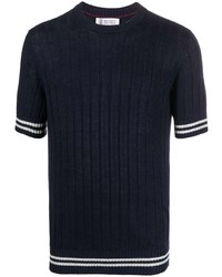 T-shirt à col rond en tricot bleu marine Brunello Cucinelli